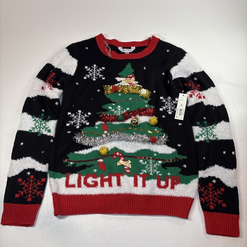 No Boundaries Womens Christmas Holiday Sweater M 7-9 Tree Tinsel Bells Snowflake